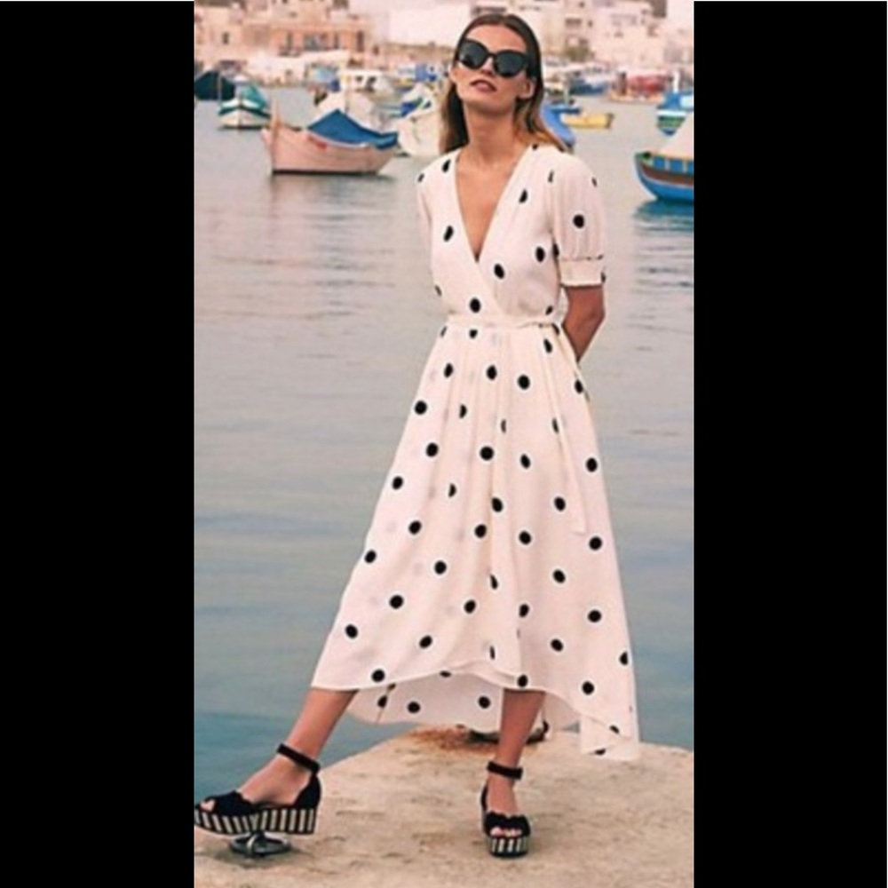 NWT Anthropologie White Polka Dot Wrap Midi Dress